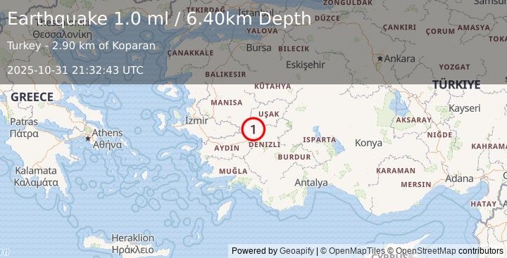 Earthquake WESTERN TURKEY (1.0 ml) (2025-10-31 21:32:43 UTC)