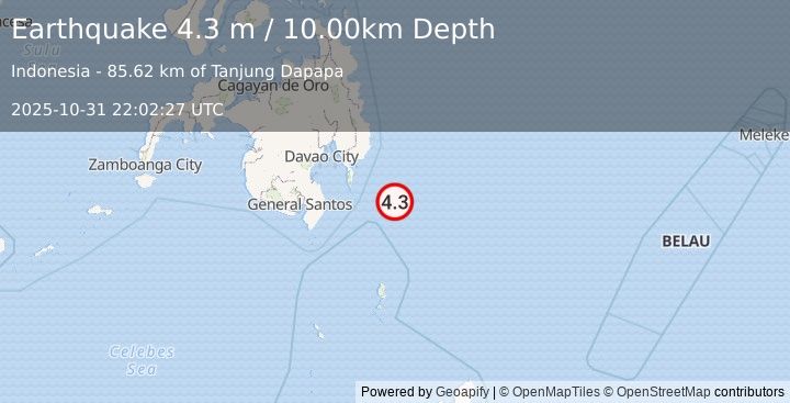 Earthquake PHILIPPINE ISLANDS REGION (4.3 m) (2025-10-31 22:02:27 UTC)