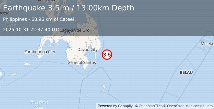 Earthquake PHILIPPINE ISLANDS REGION (3.5 m) (2025-10-31 22:37:40 UTC)