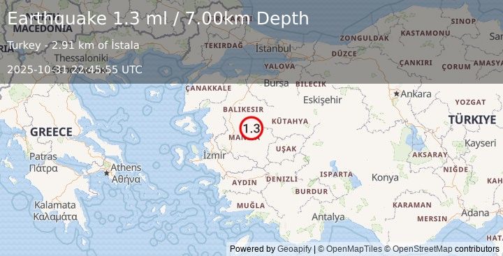Earthquake WESTERN TURKEY (1.3 ml) (2025-10-31 22:45:55 UTC)