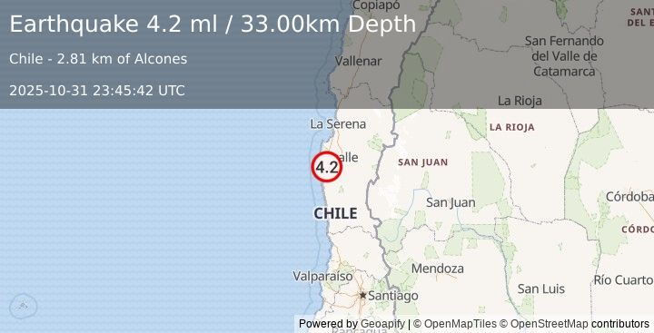 Earthquake COQUIMBO, CHILE (3.9 ml) (2025-10-31 23:45:40 UTC)