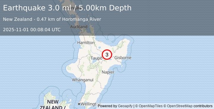 Earthquake NORTH ISLAND OF NEW ZEALAND (3.0 ml) (2025-11-01 00:08:04 UTC)