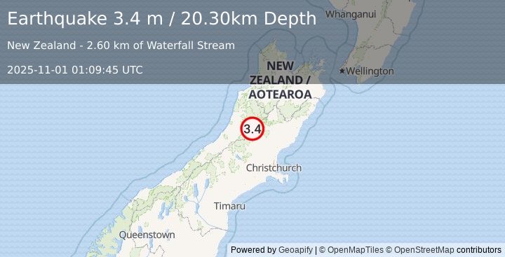 Earthquake SOUTH ISLAND OF NEW ZEALAND (3.4 m) (2025-11-01 01:09:45 UTC)
