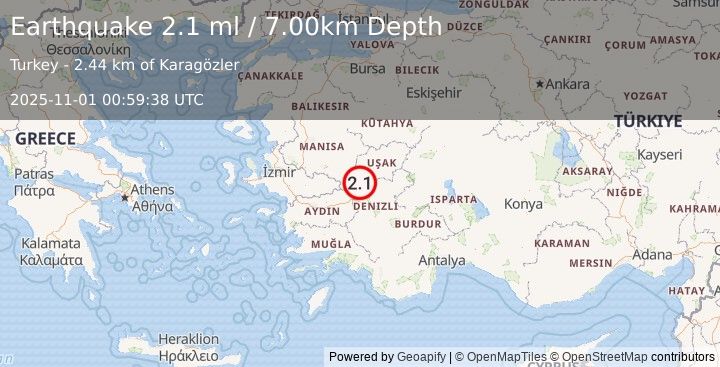 Earthquake WESTERN TURKEY (2.1 ml) (2025-11-01 00:59:38 UTC)