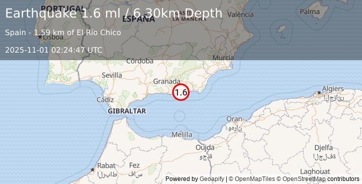 Earthquake STRAIT OF GIBRALTAR (1.6 ml) (2025-11-01 02:24:47 UTC)