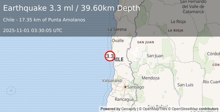 Earthquake OFFSHORE COQUIMBO, CHILE (3.3 ml) (2025-11-01 03:30:05 UTC)