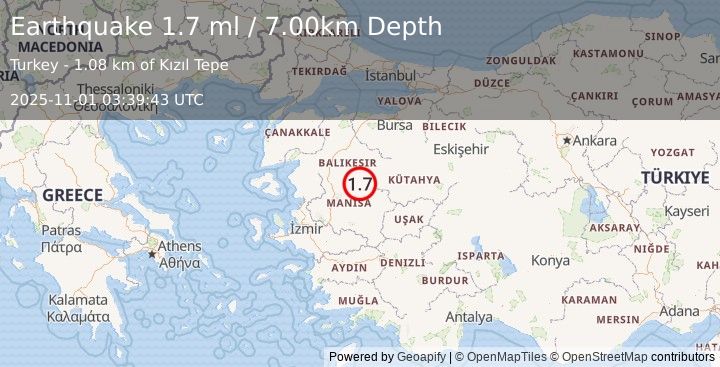 Earthquake WESTERN TURKEY (1.7 ml) (2025-11-01 03:39:43 UTC)