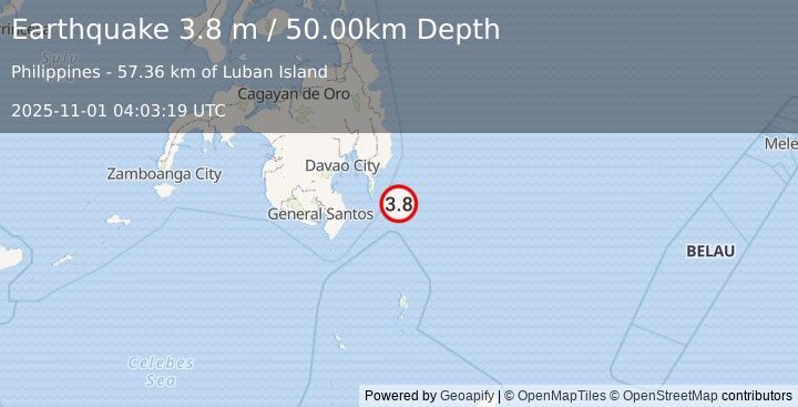 Earthquake MINDANAO, PHILIPPINES (3.8 m) (2025-11-01 04:03:19 UTC)