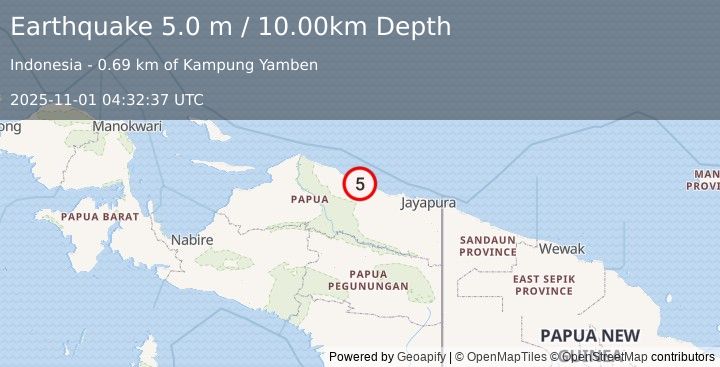 Earthquake NEAR N COAST OF PAPUA, INDONESIA (5.0 m) (2025-11-01 04:32:39 UTC)