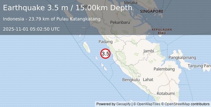 Earthquake SOUTHERN SUMATRA, INDONESIA (3.5 m) (2025-11-01 05:02:50 UTC)