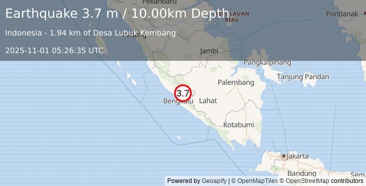Earthquake SOUTHERN SUMATRA, INDONESIA (3.7 m) (2025-11-01 05:26:35 UTC)