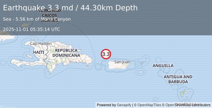 Earthquake PUERTO RICO REGION (3.3 md) (2025-11-01 05:35:14 UTC)