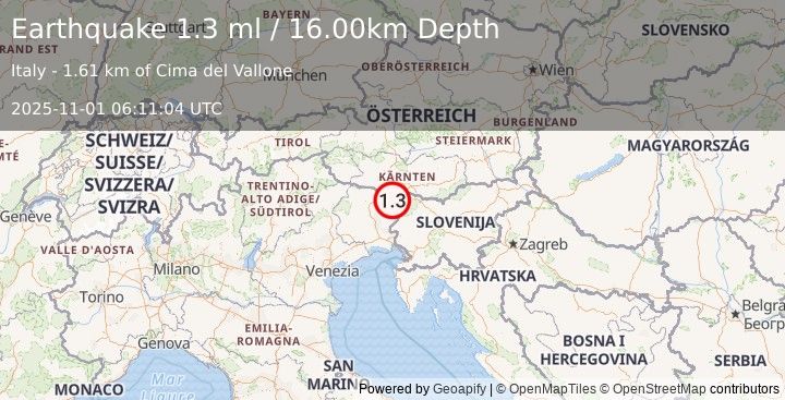 Earthquake NORTHERN ITALY (1.3 ml) (2025-11-01 06:11:04 UTC)