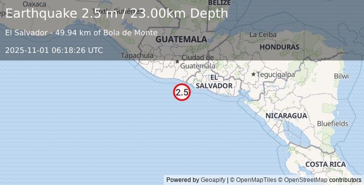 Earthquake OFFSHORE EL SALVADOR (2.5 m) (2025-11-01 06:18:26 UTC)