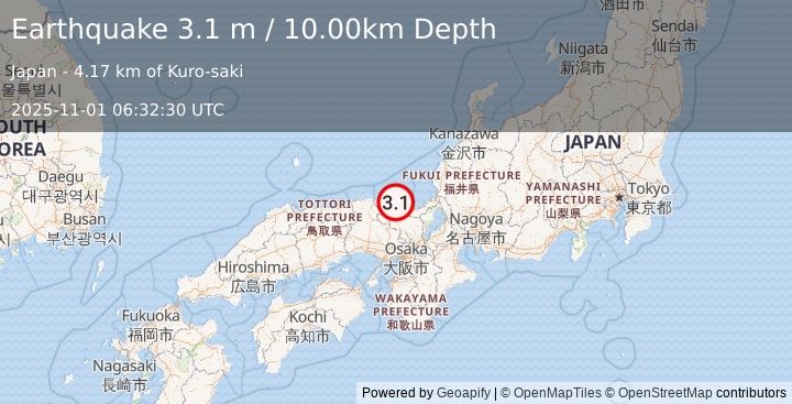 Earthquake WESTERN HONSHU, JAPAN (3.1 m) (2025-11-01 06:32:30 UTC)