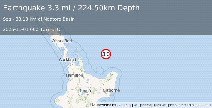 Earthquake OFF E. COAST OF N. ISLAND, N.Z. (3.3 ml) (2025-11-01 06:51:57 UTC)