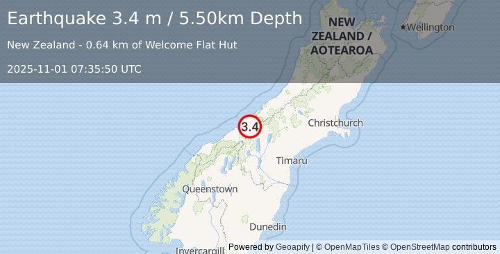Earthquake SOUTH ISLAND OF NEW ZEALAND (3.4 m) (2025-11-01 07:35:50 UTC)