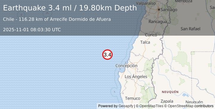 Earthquake OFF COAST OF BIO-BIO, CHILE (3.4 ml) (2025-11-01 08:03:30 UTC)
