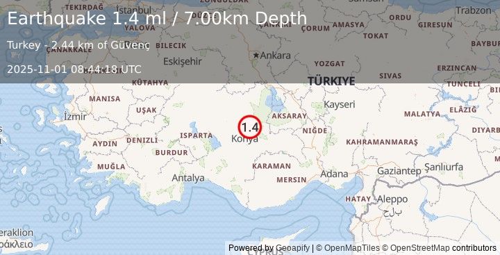 Earthquake CENTRAL TURKEY (1.4 ml) (2025-11-01 08:44:18 UTC)