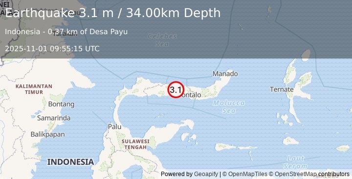 Earthquake MINAHASA, SULAWESI, INDONESIA (3.1 m) (2025-11-01 09:55:15 UTC)