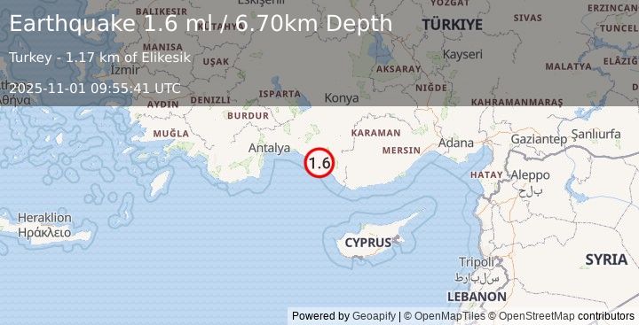 Earthquake CENTRAL TURKEY (1.2 ml) (2025-11-01 09:56:02 UTC)