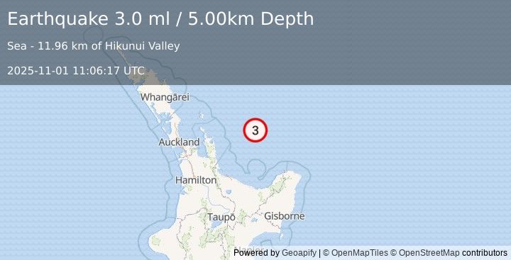 Earthquake OFF E. COAST OF N. ISLAND, N.Z. (3.0 ml) (2025-11-01 11:06:17 UTC)