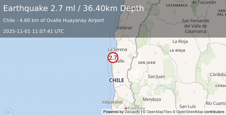 Earthquake COQUIMBO, CHILE (2.7 ml) (2025-11-01 11:07:41 UTC)
