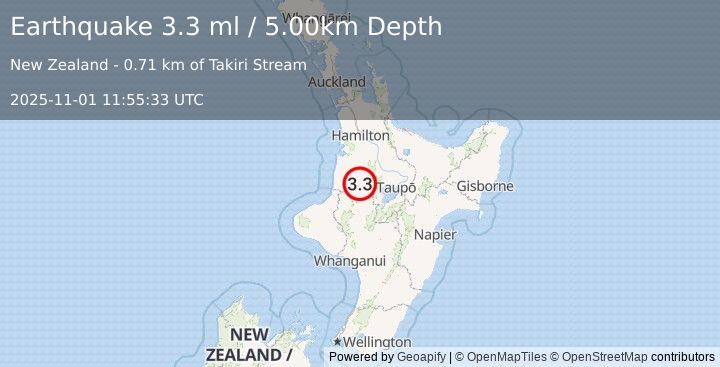 Earthquake NORTH ISLAND OF NEW ZEALAND (3.3 ml) (2025-11-01 11:55:33 UTC)
