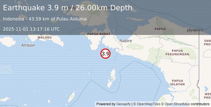 Earthquake NEAR S COAST OF PAPUA, INDONESIA (3.9 m) (2025-11-01 13:17:16 UTC)