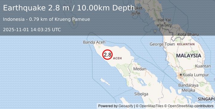 Earthquake NORTHERN SUMATRA, INDONESIA (2.8 m) (2025-11-01 14:03:25 UTC)