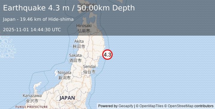 Earthquake NEAR EAST COAST OF HONSHU, JAPAN (4.3 m) (2025-11-01 14:44:09 UTC)