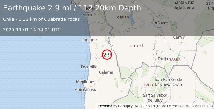 Earthquake TARAPACA, CHILE (2.9 ml) (2025-11-01 14:54:01 UTC)