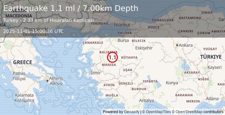 Earthquake WESTERN TURKEY (1.1 ml) (2025-11-01 15:00:36 UTC)