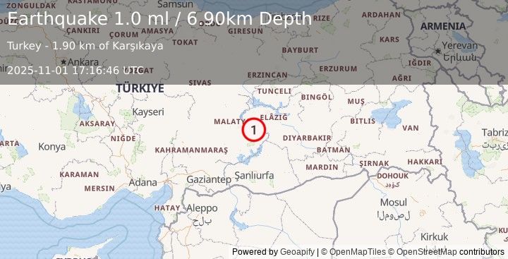 Earthquake EASTERN TURKEY (1.0 ml) (2025-11-01 17:16:46 UTC)