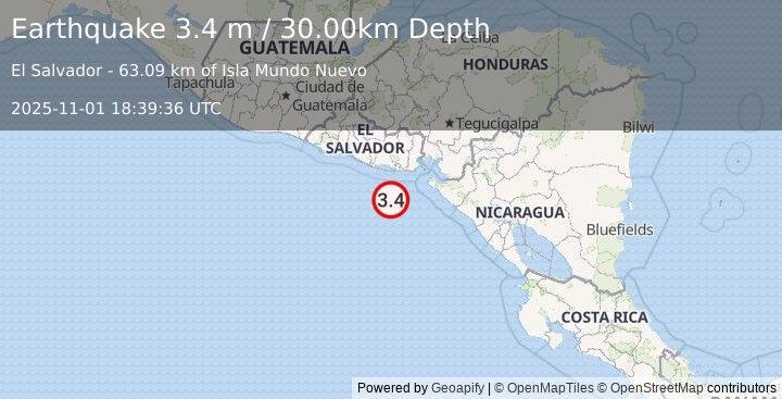 Earthquake OFFSHORE EL SALVADOR (3.4 m) (2025-11-01 18:39:38 UTC)