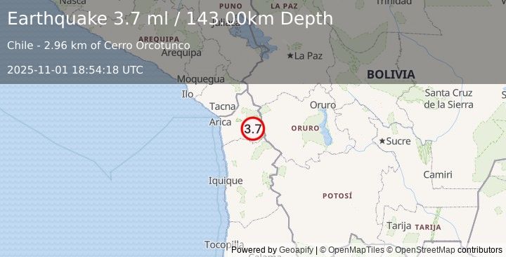 Earthquake TARAPACA, CHILE (3.8 ml) (2025-11-01 18:54:19 UTC)