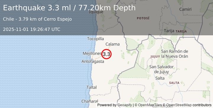 Earthquake ANTOFAGASTA, CHILE (3.3 ml) (2025-11-01 19:26:47 UTC)