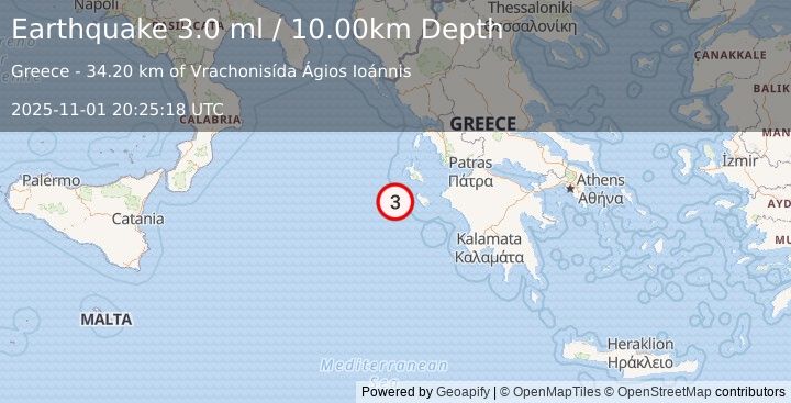 Earthquake IONIAN SEA (3.3 ml) (2025-11-01 20:25:11 UTC)