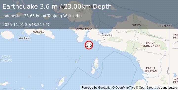 Earthquake NEAR S COAST OF PAPUA, INDONESIA (3.6 m) (2025-11-01 20:48:21 UTC)