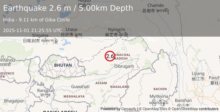 Earthquake EASTERN XIZANG-INDIA BORDER REG. (2.6 m) (2025-11-01 21:25:55 UTC)