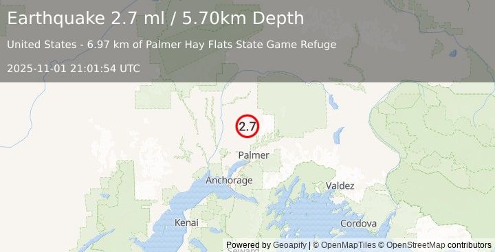 Earthquake CENTRAL ALASKA (2.7 ml) (2025-11-01 21:01:54 UTC)