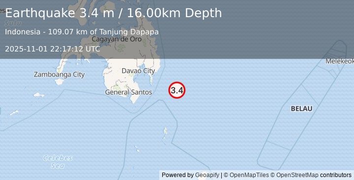 Earthquake PHILIPPINE ISLANDS REGION (3.4 m) (2025-11-01 22:17:12 UTC)