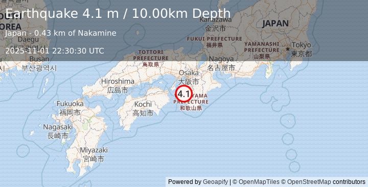 Earthquake NEAR S. COAST OF WESTERN HONSHU (4.1 m) (2025-11-01 22:30:30 UTC)