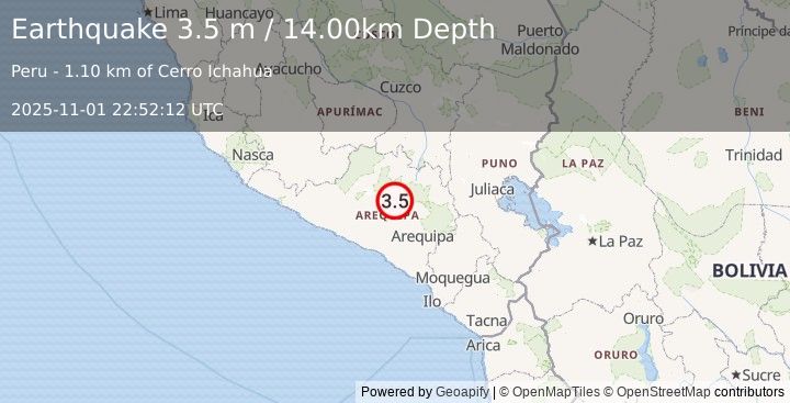 Earthquake SOUTHERN PERU (3.5 m) (2025-11-01 22:52:12 UTC)