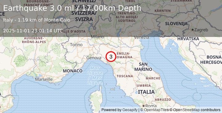 Earthquake NORTHERN ITALY (3.2 ml) (2025-11-01 23:01:15 UTC)