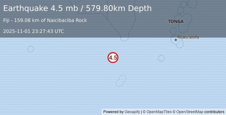 Earthquake SOUTH OF FIJI ISLANDS (4.5 mb) (2025-11-01 23:27:43 UTC)