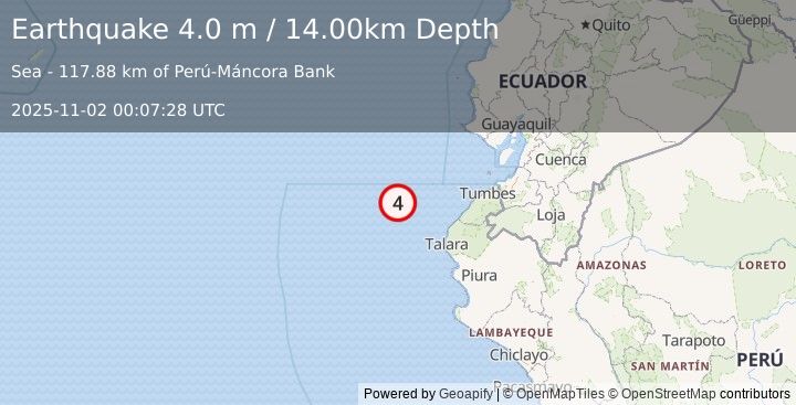 Earthquake NEAR COAST OF NORTHERN PERU (3.7 m) (2025-11-02 00:07:31 UTC)