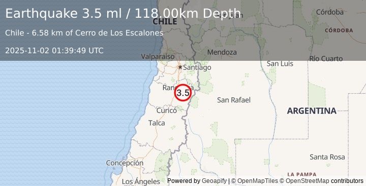 Earthquake LIBERTADOR O'HIGGINS, CHILE (3.5 ml) (2025-11-02 01:39:49 UTC)