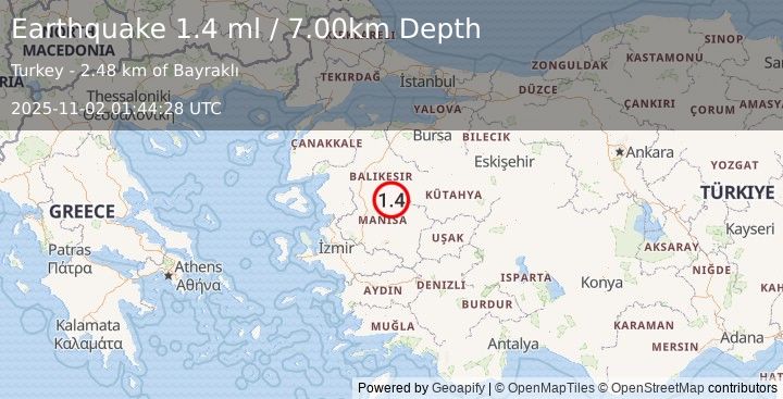Earthquake WESTERN TURKEY (1.4 ml) (2025-11-02 01:44:29 UTC)