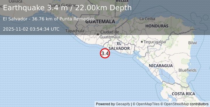 Earthquake OFFSHORE EL SALVADOR (3.4 m) (2025-11-02 03:54:36 UTC)